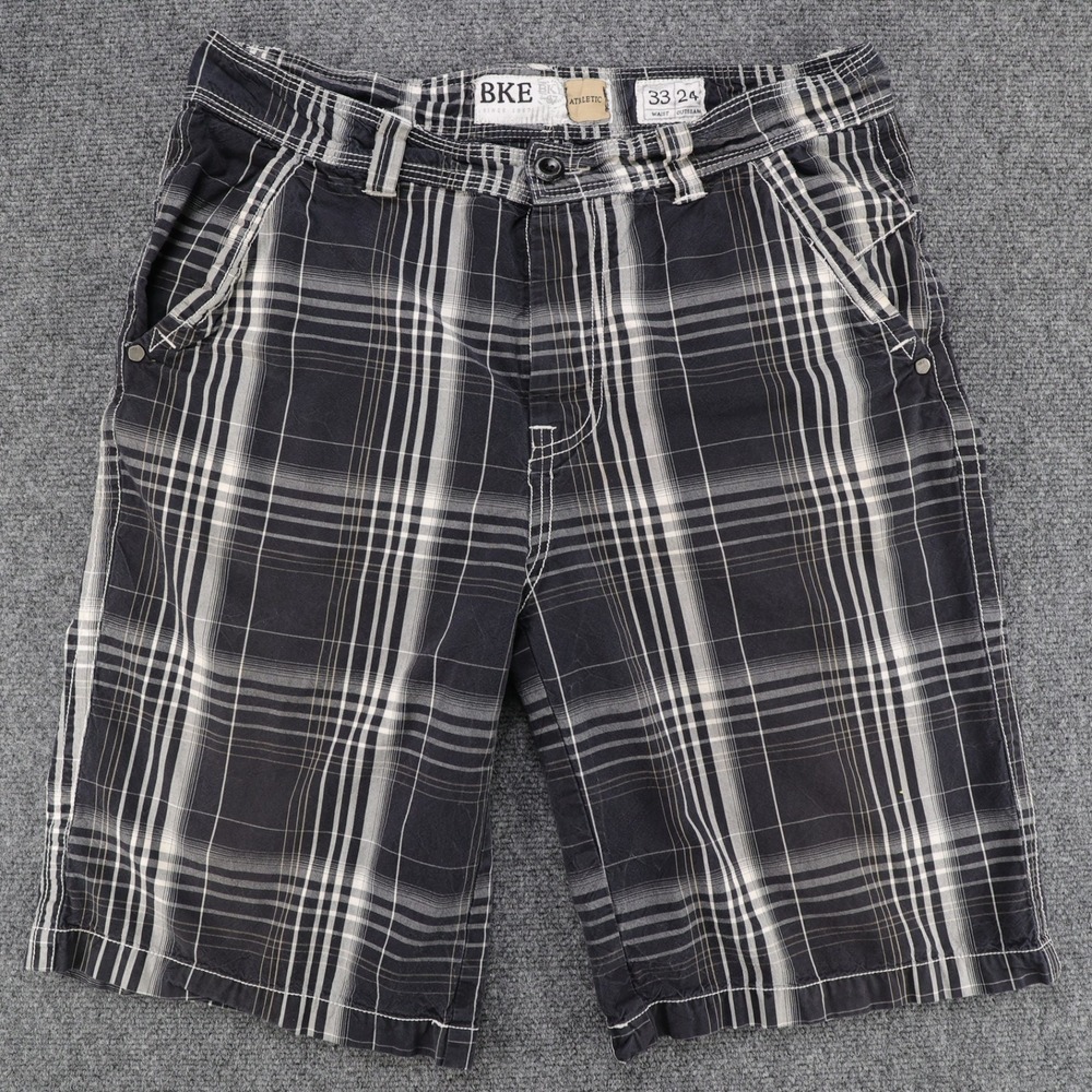 BKE Harding Athletic Fit Plaid Cargo Shorts Mens 33 Black White Gray Y2K Skater